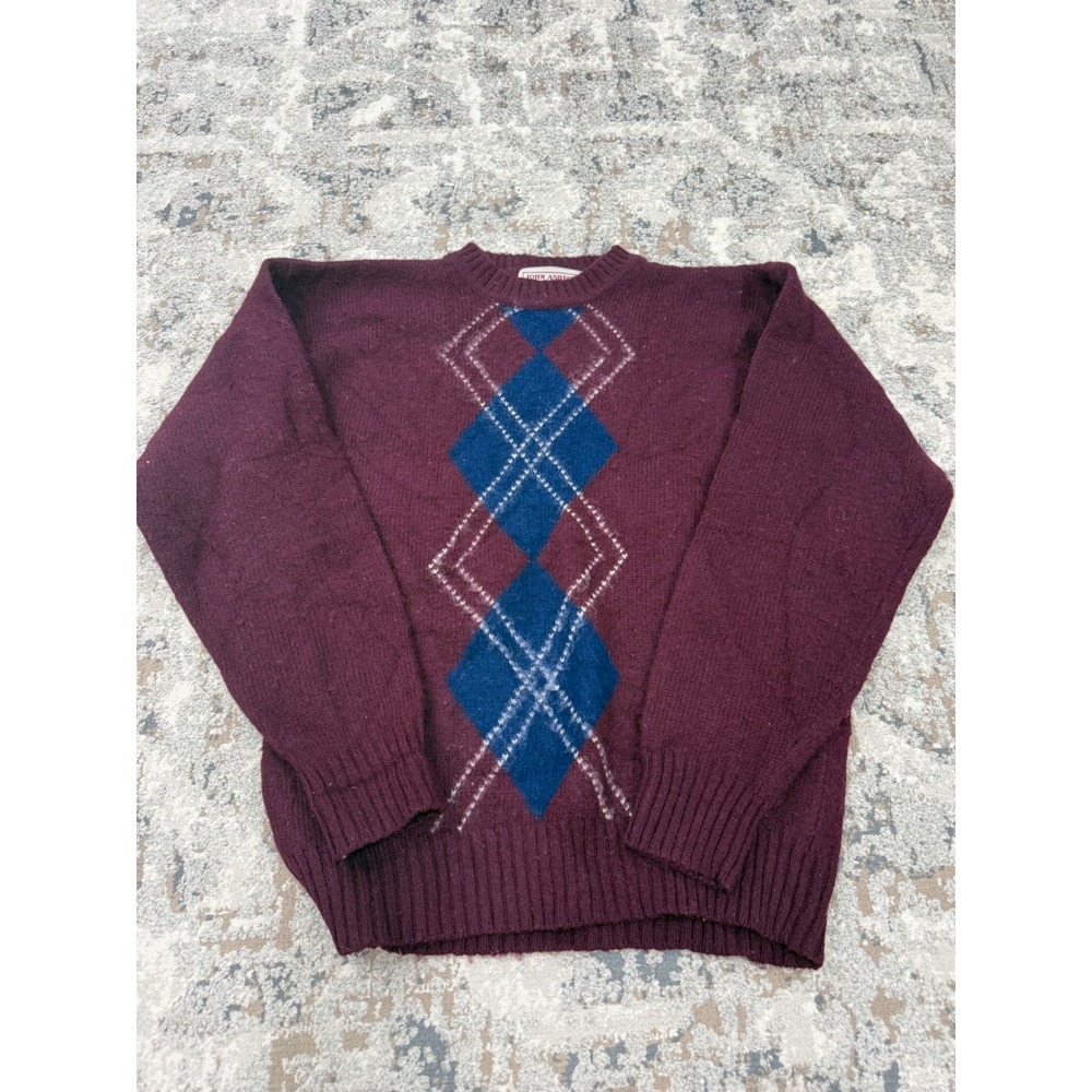 John Ashford Mens Burgundy 100% Shetland Wool Argyle Crew Neck Sweater Vintage M